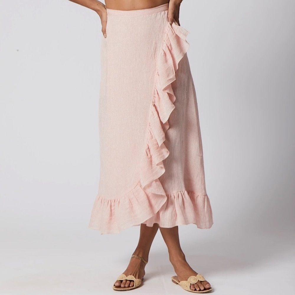 NWT LISA MARIE FERNANDEZ pink metallic gauze ruffle wrap skirt
